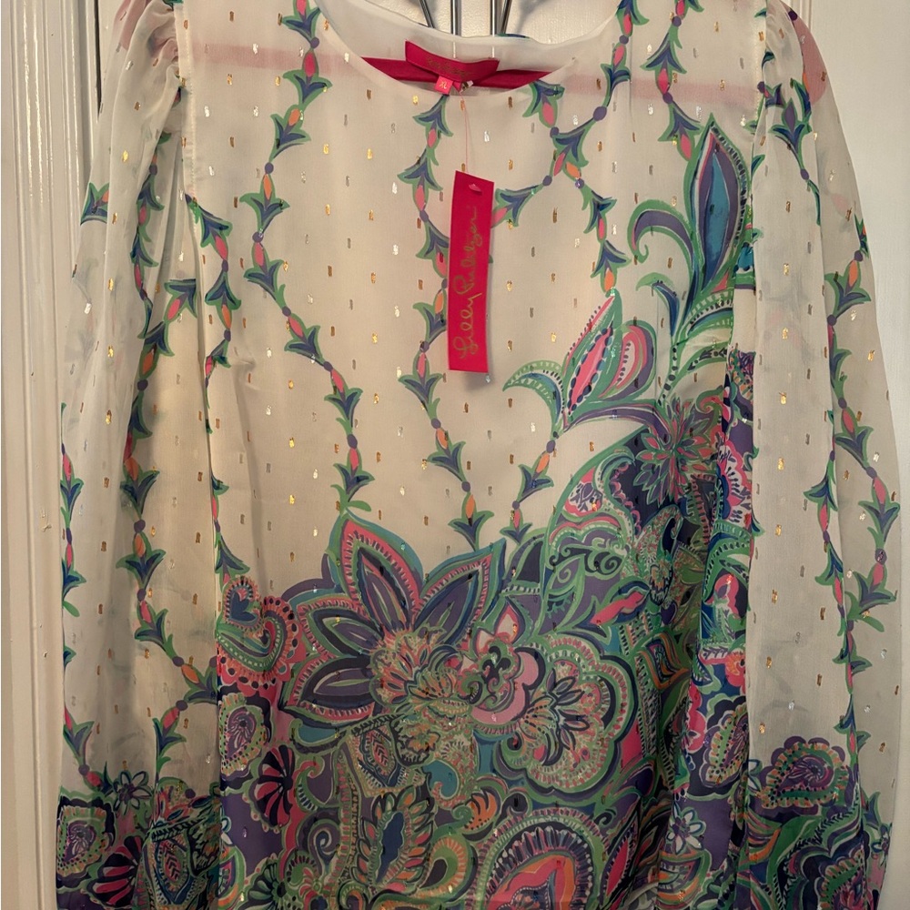Lilly Pulitzer White and Blue Long Sleeve Graphic Blouse